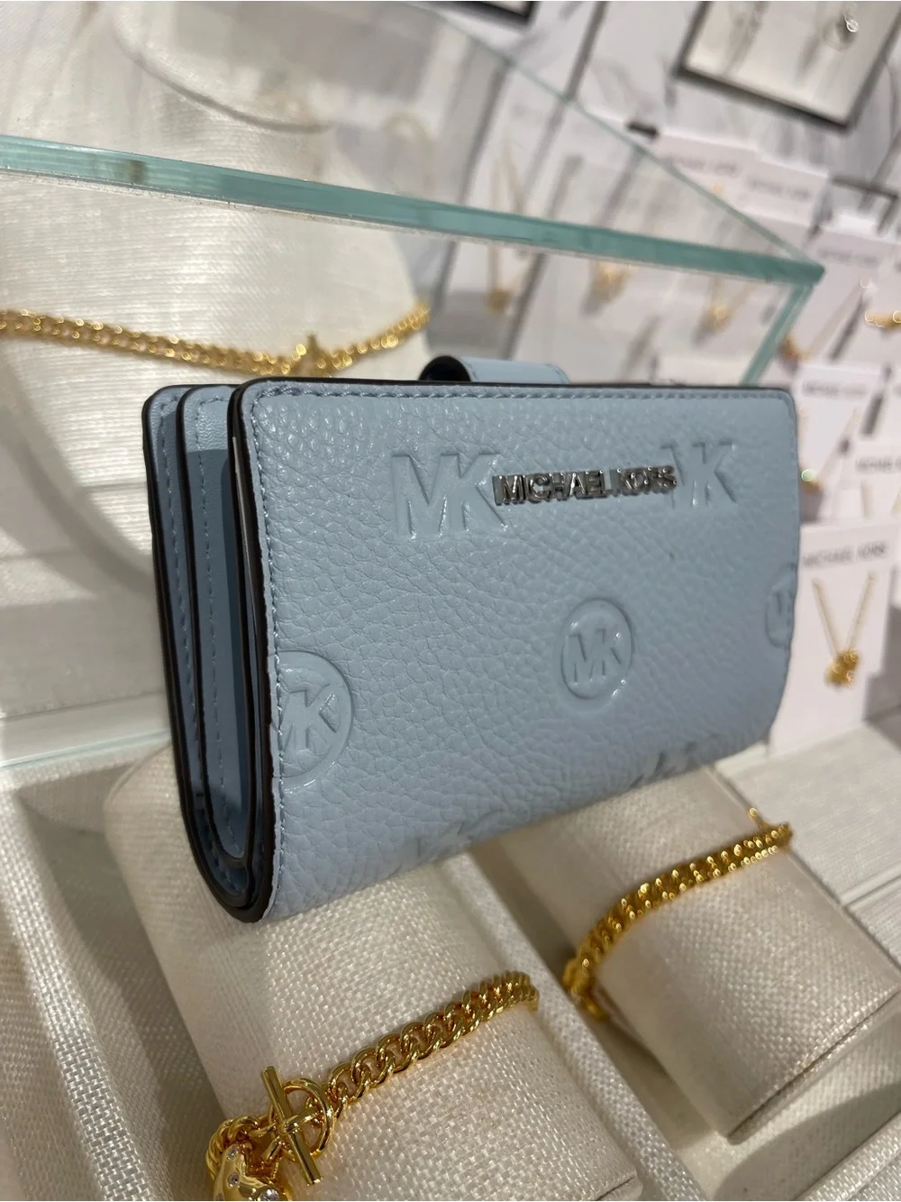 Michael Kors Jet Set Travel Medium Logo Debossed Billfold Wallet Pale Ocean  NWT